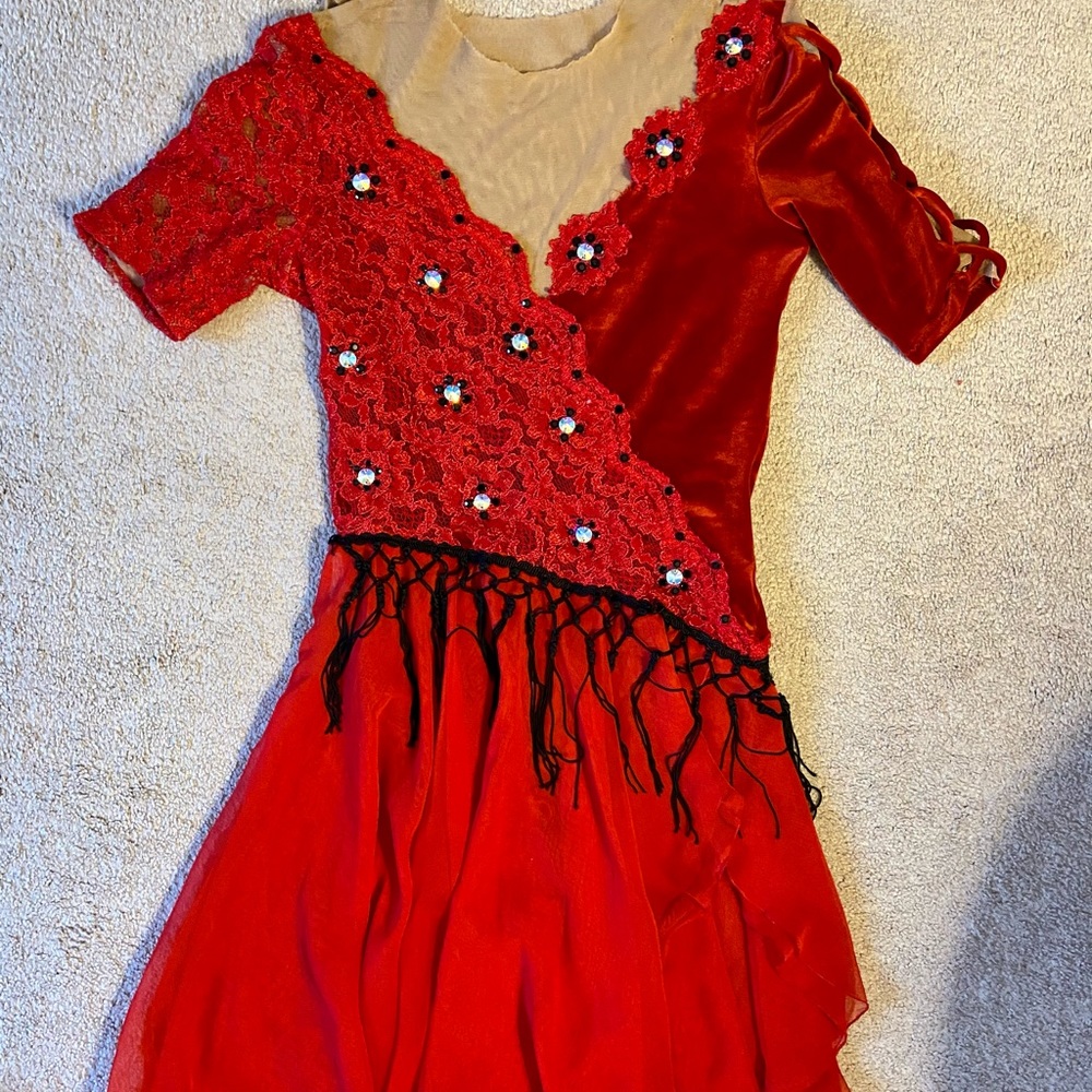 GORGEOUS Stoned Spanish/Tango Red Figure Skating Ice Dance Dress - Picture 7 of 8